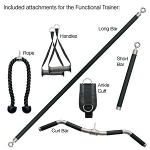 Included attachments for a functional trainer including handles, long bar, short bar, rope, ankle cuff, and curl bar on a white background.