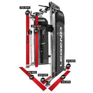 A Legend Fitness piece of gym equipment with dimensions labeled on a white background