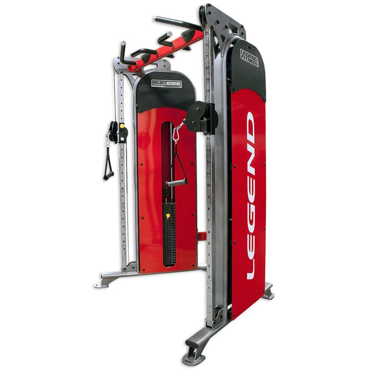 Red and black Legend fitness functional trainer on a white background