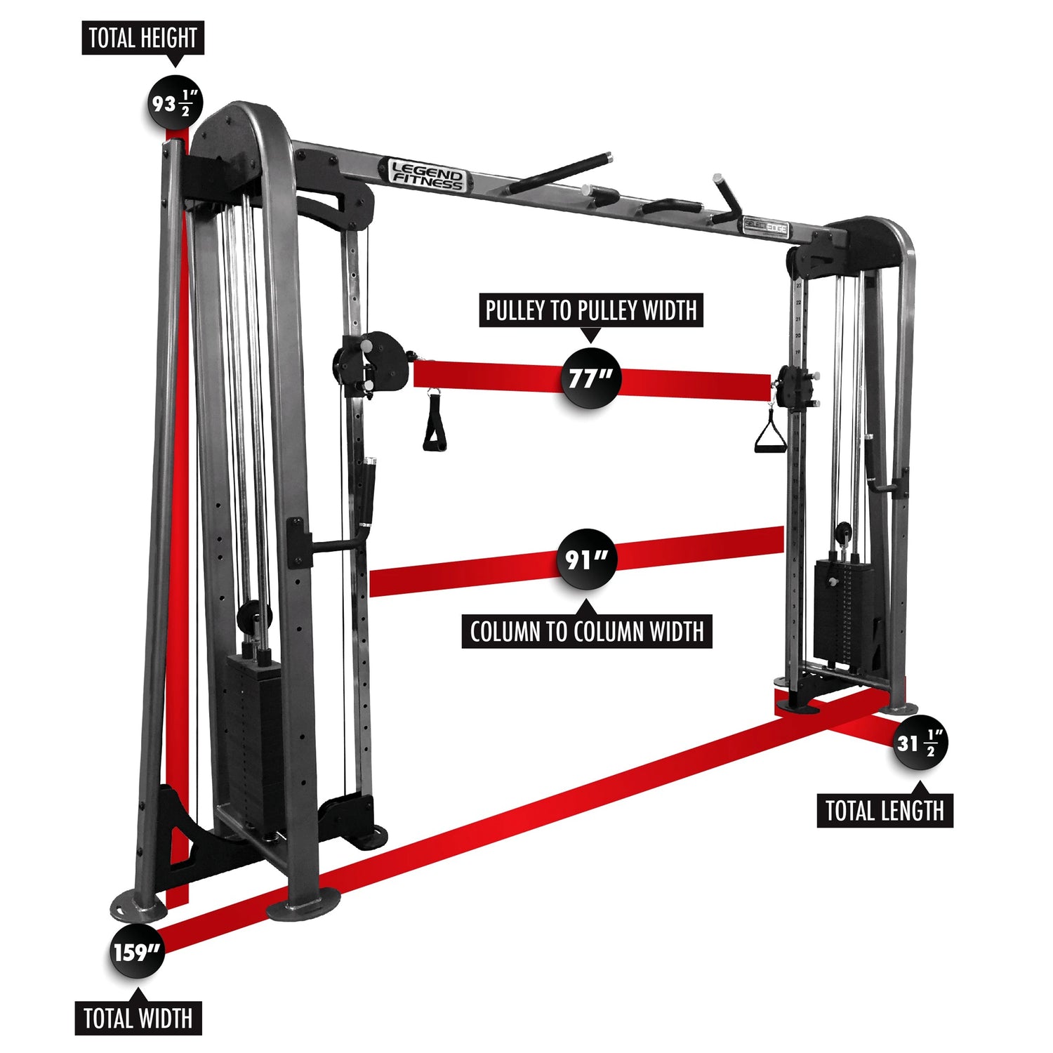 Gym equipment frame with measurement labels on a white background
