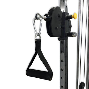Black nylon D grip handle on a black pulley on a piece of gym equipment with a white background