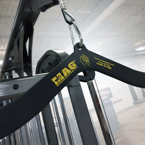 MAG brand lat pulldown handle hanging from a piece of gym equipment
