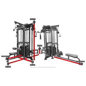 Gym equipment with labeled components on a white background