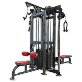 Gym machine with red padding on a white background