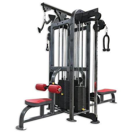 Gym machine with red padding on a white background
