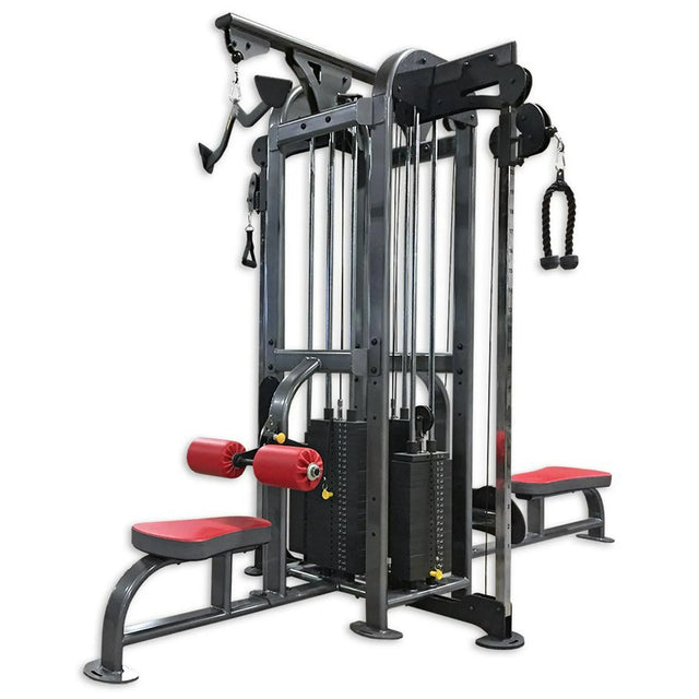 Gym machine with red padding on a white background