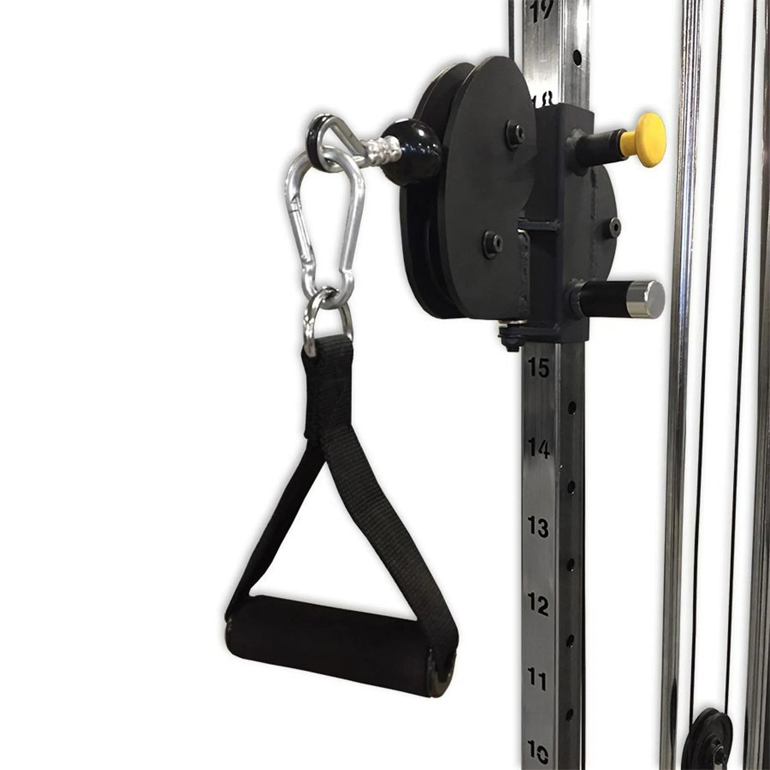 Black D grip handle on a black pulley on a piece of gym equipment with a white background