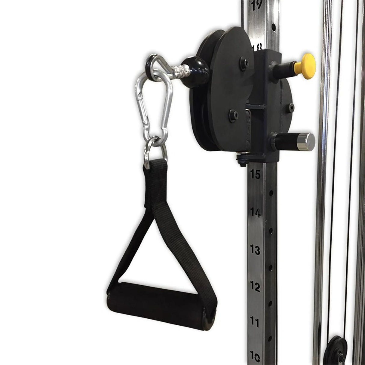 Black D grip handle on a black pulley on a piece of gym equipment with a white background