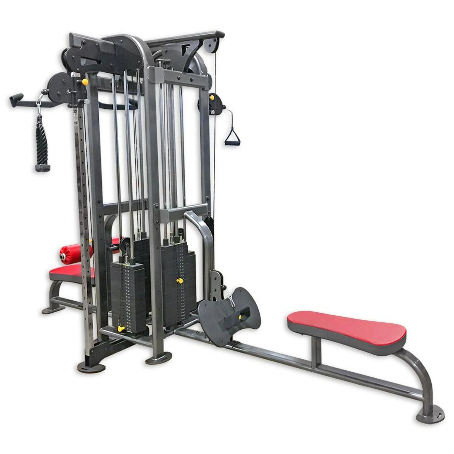 Multigym fitness equipment with red padding on a white background