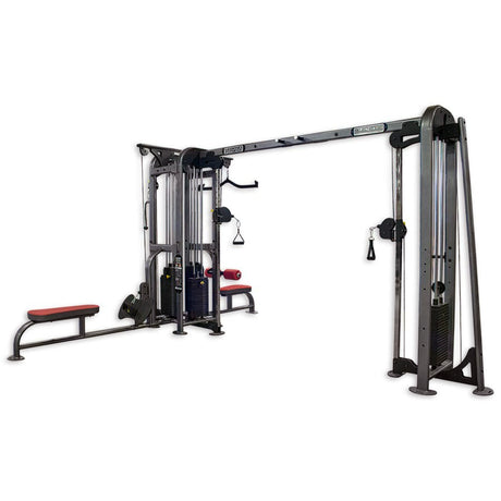 Gym equipment with multiple attachments on a white background