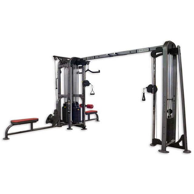 Gym equipment with multiple attachments on a white background