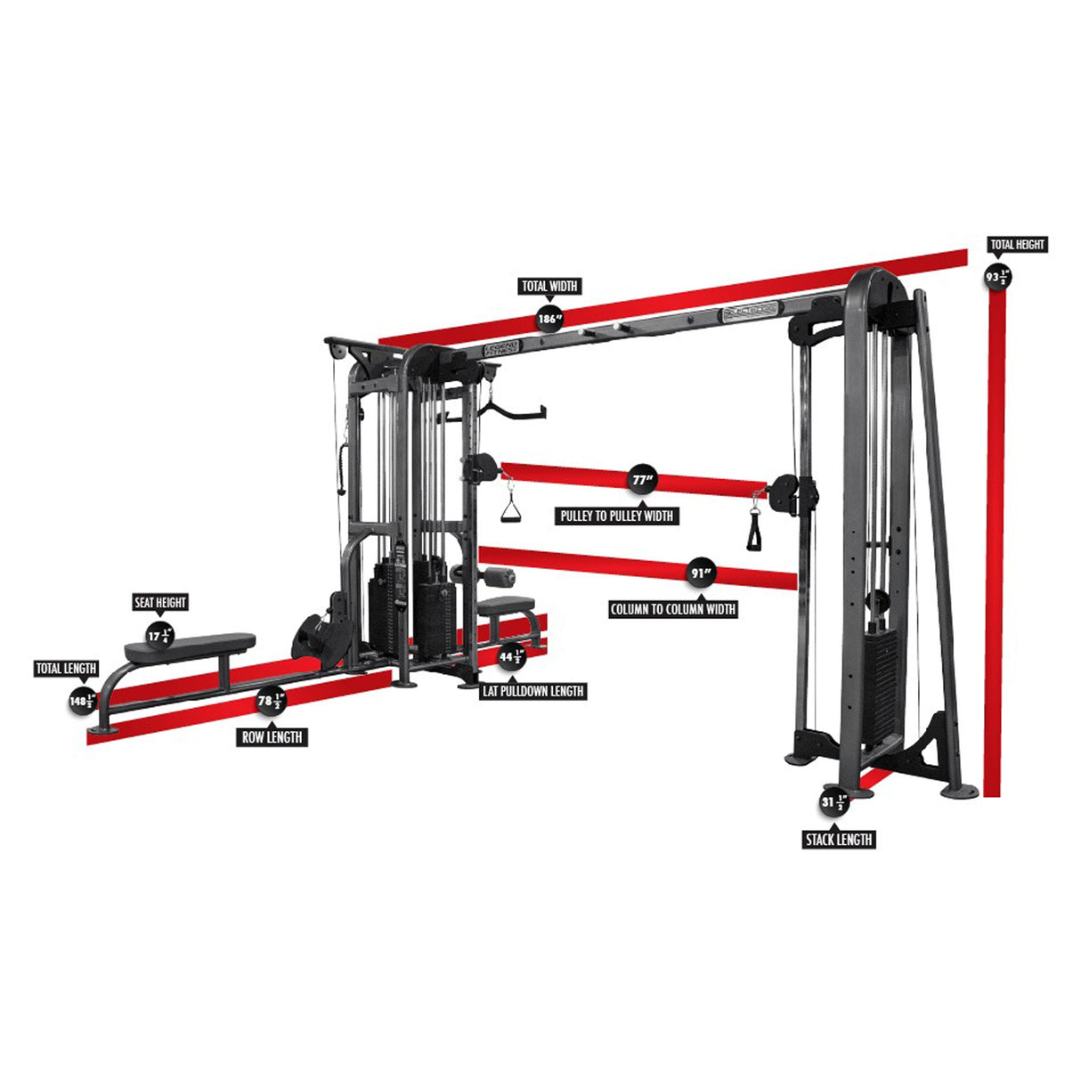 Gym machine with labeled components on a white background