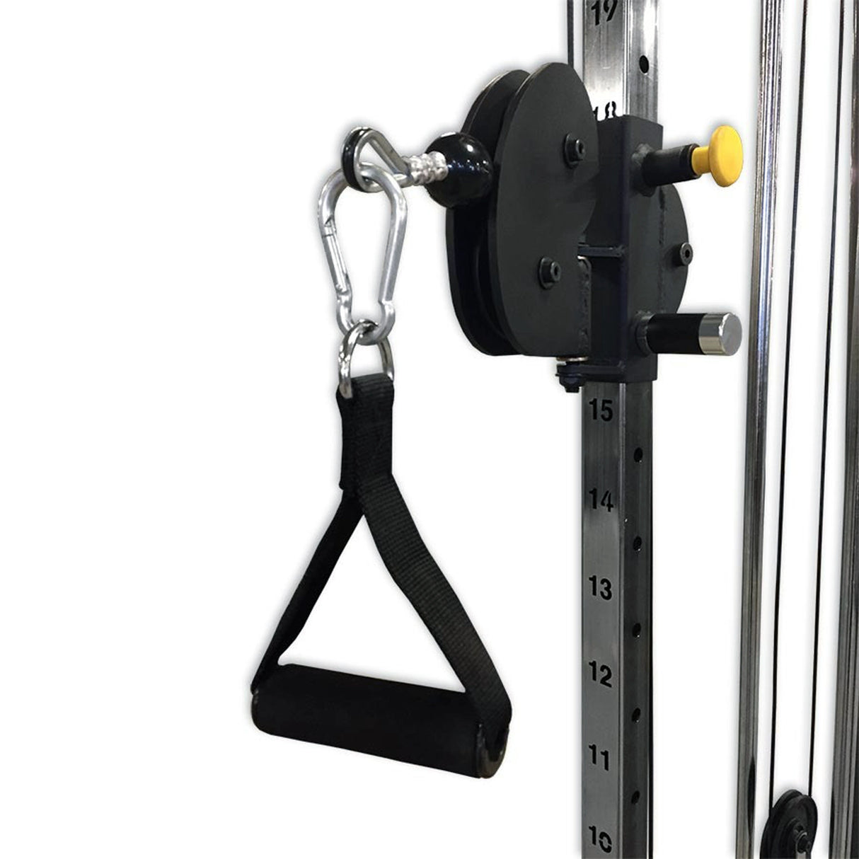 Black D Handle on a black pulley on a piece of gym equipment with a white background