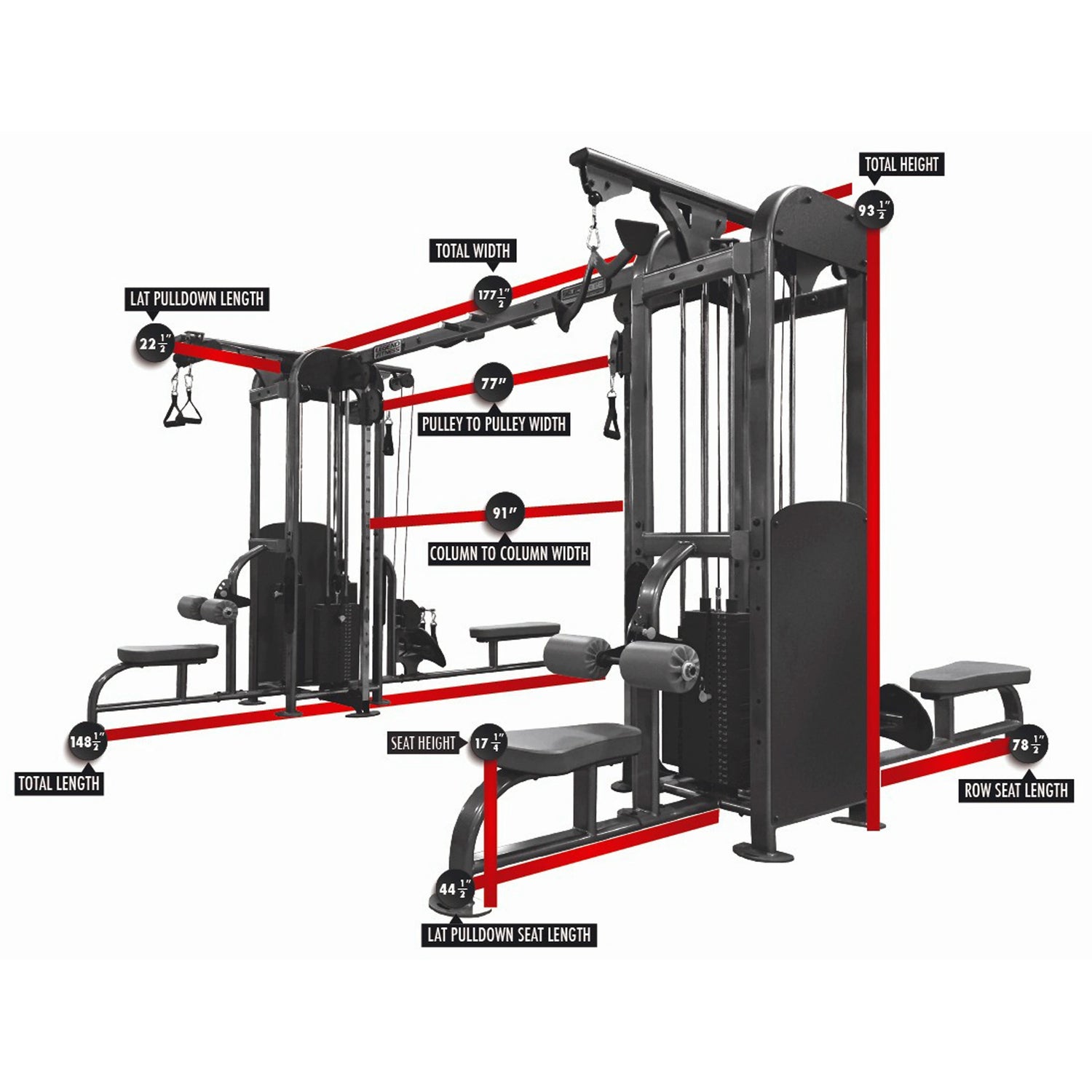 Gym equipment with labeled measurements on a white background