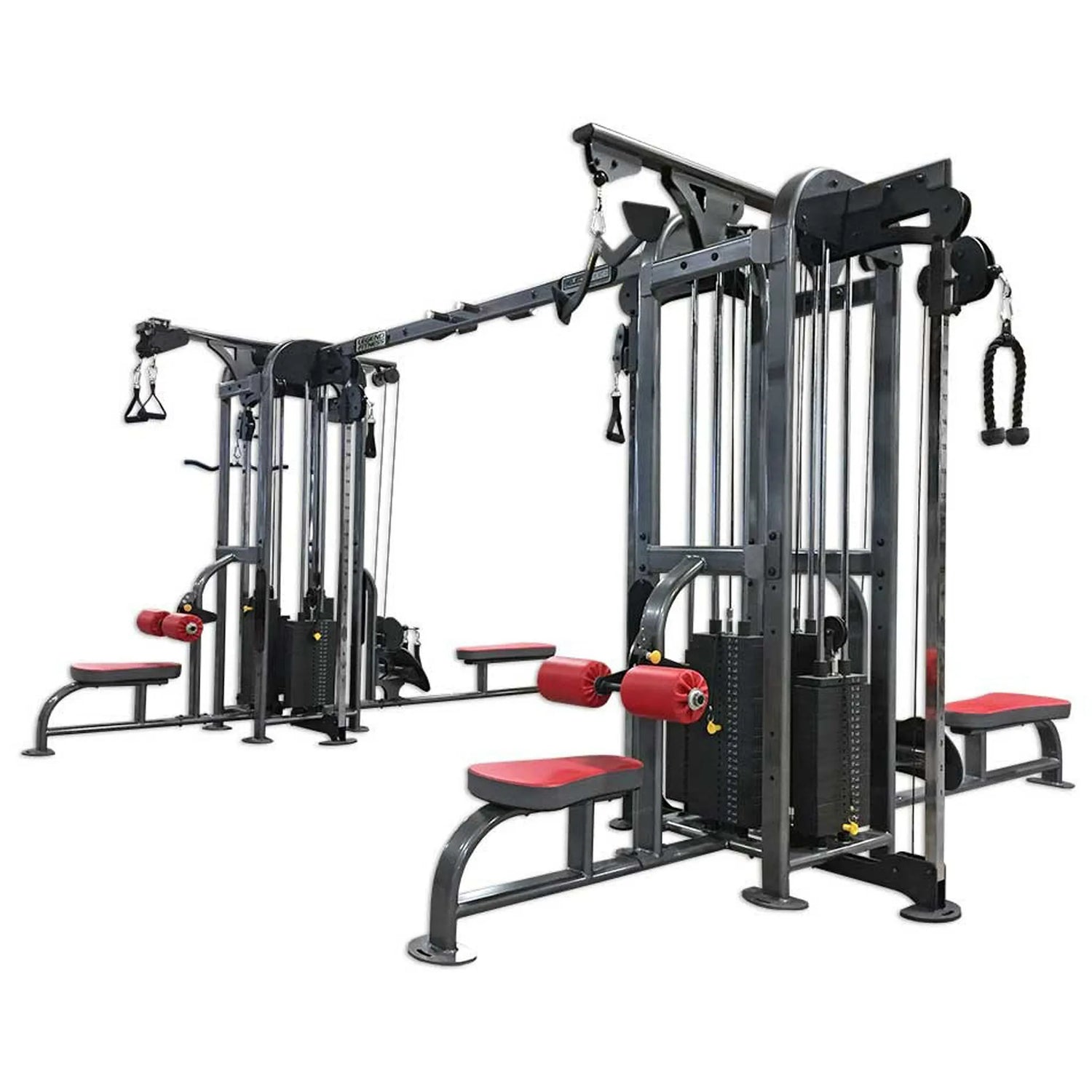 Eight-stack gym machine with gray frame and red padding on a white background