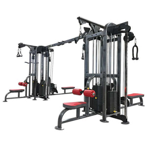 Eight-stack gym machine with gray frame and red padding on a white background
