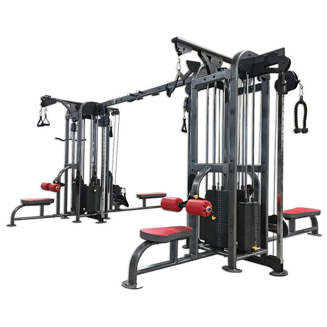 Eight-stack gym machine with gray frame and red padding on a white background