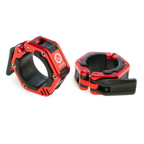 A pair of red and black Lock-Jaw metal barbell collars with visible branding and magnets on the inside.