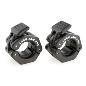 Lock-Jaw One commercial-grade barbell collars in black, red, and pink, designed for one-inch diameter bars; includes 1-year commercial warranty.