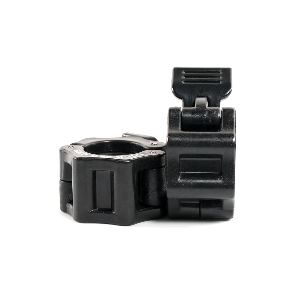 Lock-Jaw One commercial-grade barbell collars in black, red, and pink, designed for one-inch diameter bars; includes 1-year commercial warranty.