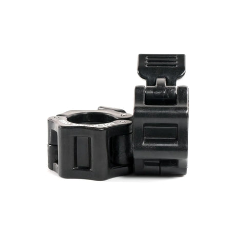 Lock-Jaw One commercial-grade barbell collars in black, red, and pink, designed for one-inch diameter bars; includes 1-year commercial warranty.