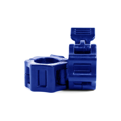 Two blue 'Lock-Jaw One' weightlifting barbell collars on a white background