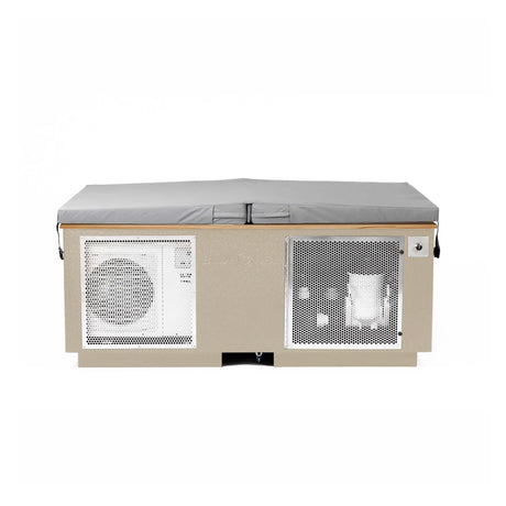 Beige BlueCube CoreChill 3 Elite Cold Plunge Tub with line-x coating and mahogany top which is commercial grade and handmade in America