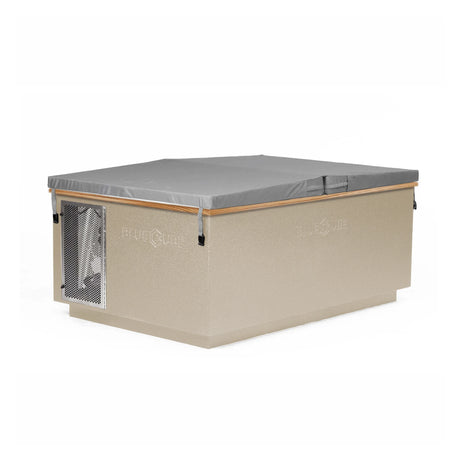 Beige BlueCube CoreChill 3 Elite Cold Plunge Tub with line-x coating and mahogany top which is commercial grade and handmade in America