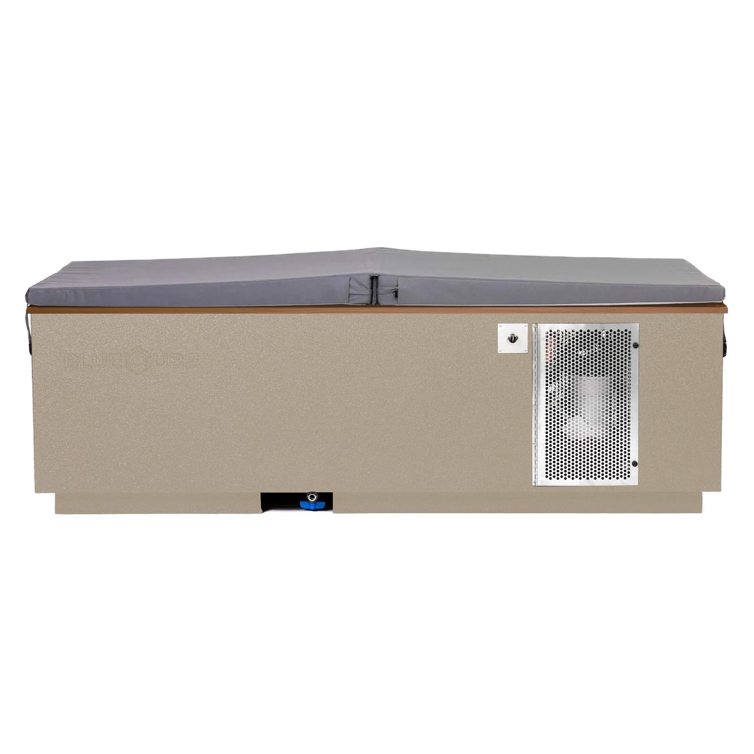 Beige BlueCube CoreChill 3 Cold Plunge Tub with mahogany top and spa cover which is commercial grade and handmade in America