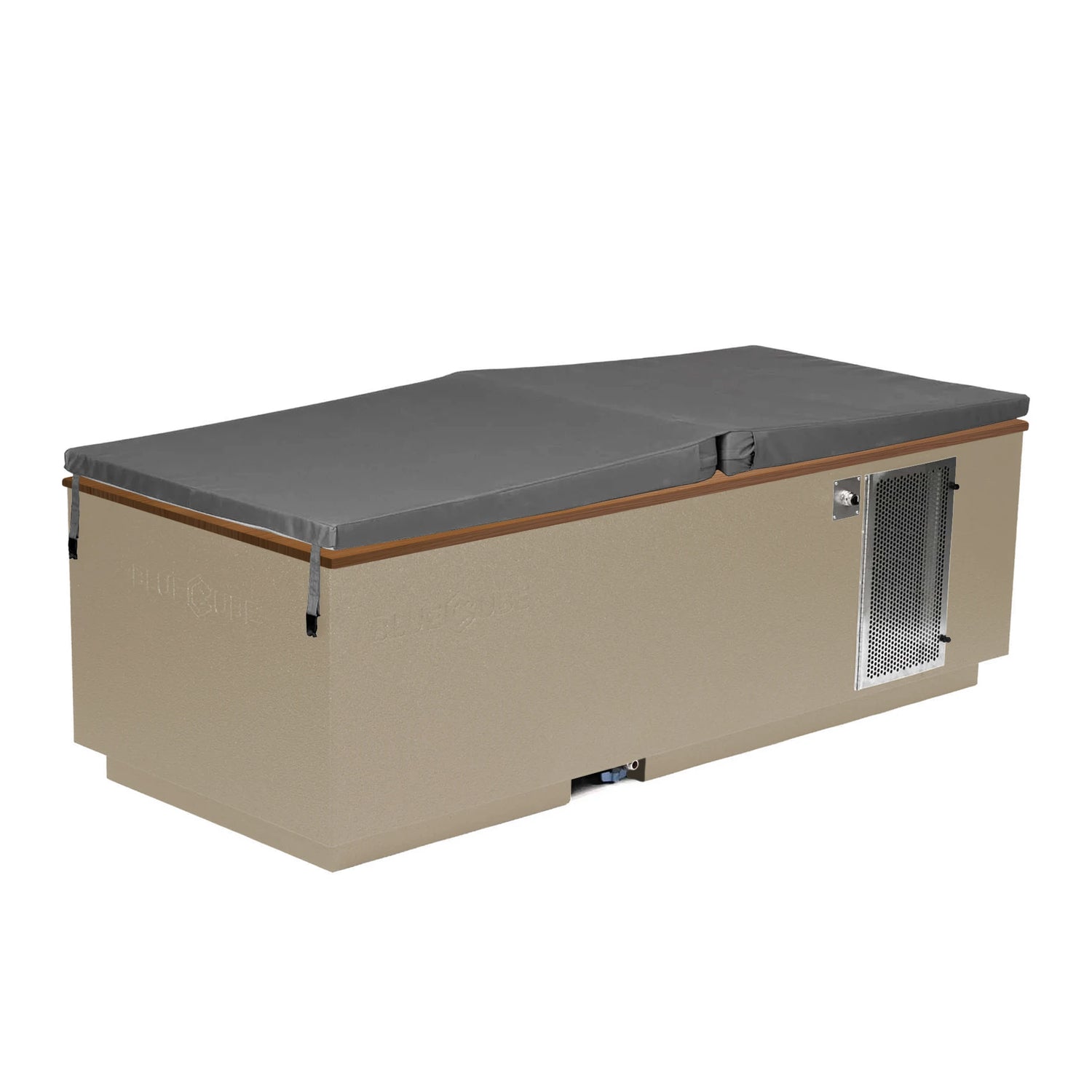 Beige BlueCube CoreChill 3 Cold Plunge Tub with mahogany top and spa cover which is commercial grade and handmade in America