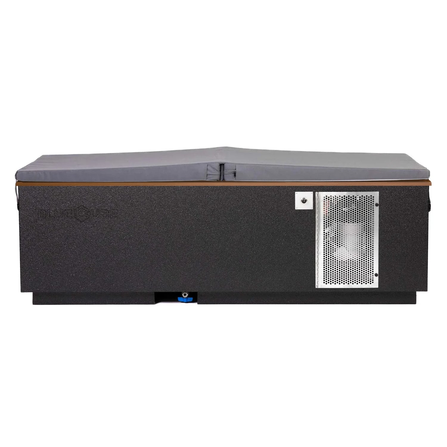 Black BlueCube CoreChill 3 Cold Plunge Tub with mahogany top and spa cover which is commercial grade and handmade in America