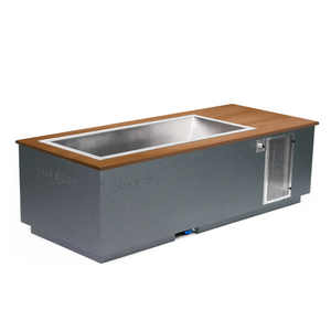 Gray BlueCube CoreChill 3 Cold Plunge Tub with mahogany top which is commercial grade and handmade in America