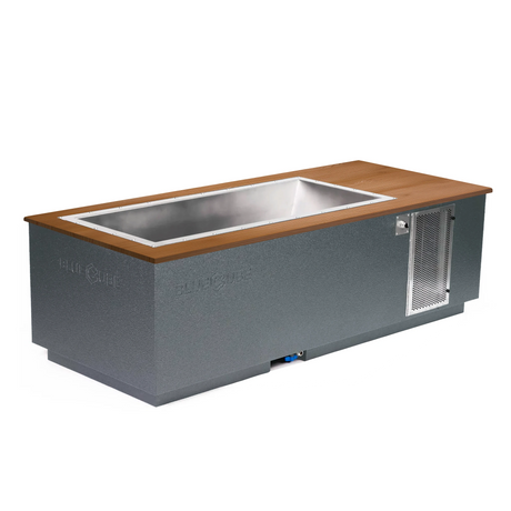 Gray BlueCube CoreChill 3 Cold Plunge Tub with mahogany top which is commercial grade and handmade in America