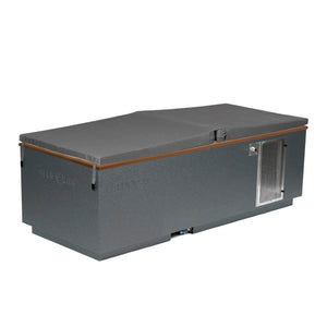 Gray BlueCube CoreChill 3 Cold Plunge Tub with mahogany top and spa cover which is commercial grade and handmade in America