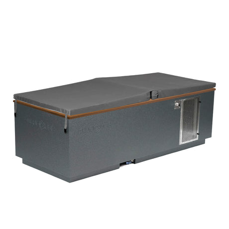 Gray BlueCube CoreChill 3 Cold Plunge Tub with mahogany top and spa cover which is commercial grade and handmade in America