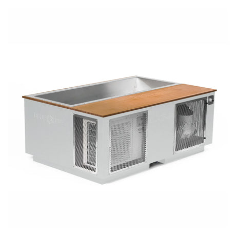 White BlueCube CoreChill 3 Elite Cold Plunge Tub with line-x coating and mahogany top which is commercial grade and handmade in America