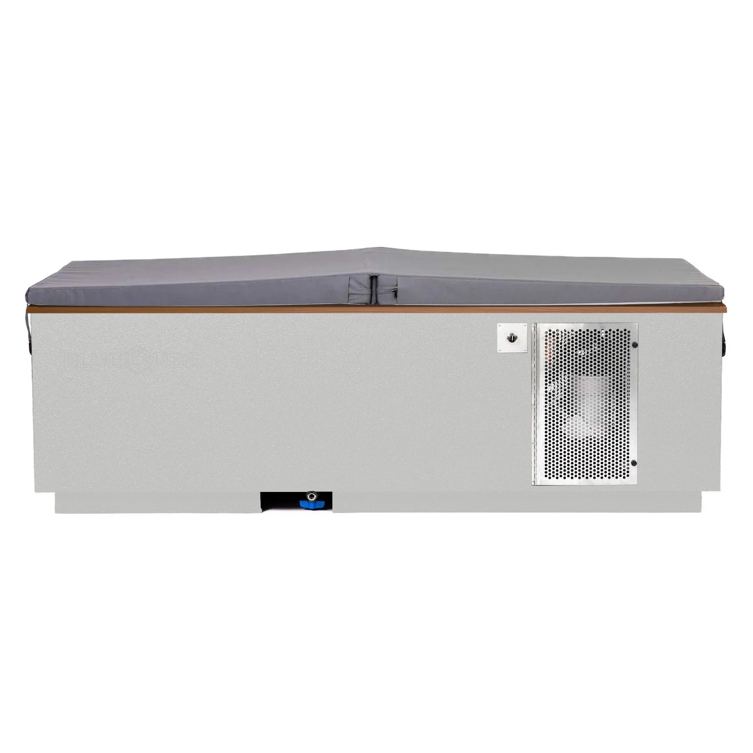 White BlueCube CoreChill 3 Cold Plunge Tub with mahogany top and spa cover which is commercial grade and handmade in America