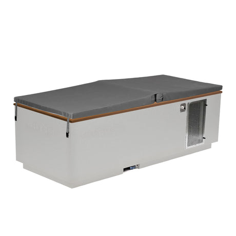 White BlueCube CoreChill 3 Cold Plunge Tub with mahogany top and spa cover which is commercial grade and handmade in America