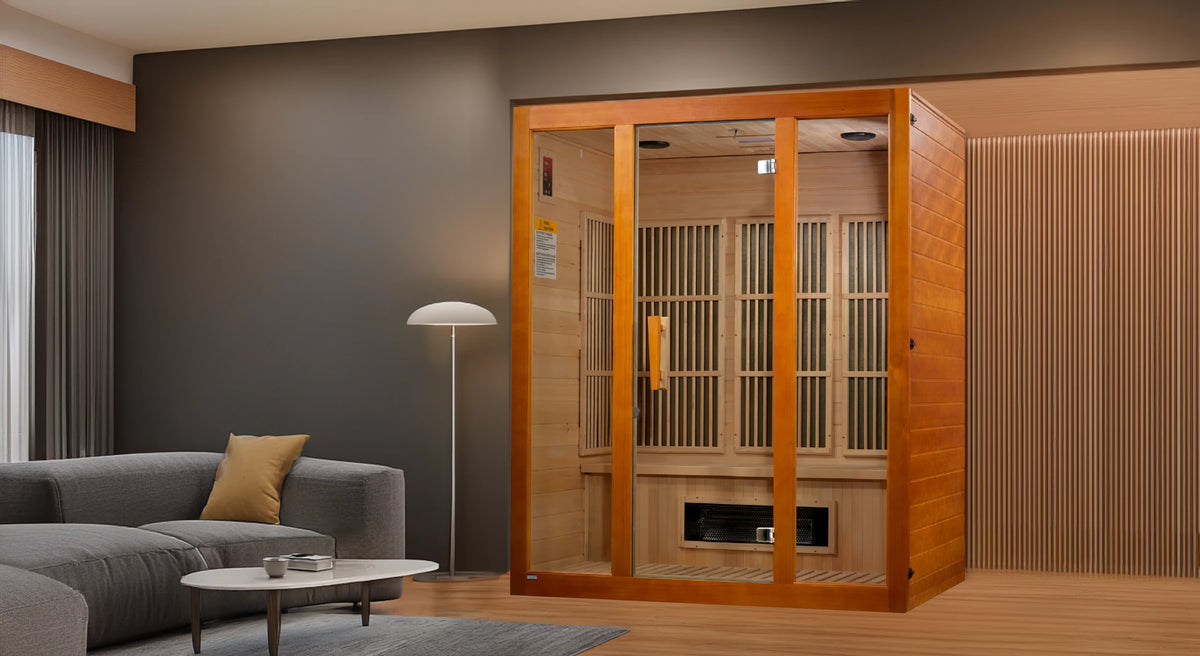Maxxus Saunas FAR infrared Alpine model sauna constructed from Canadian hemlock wood with a three person capacity inside a living room
