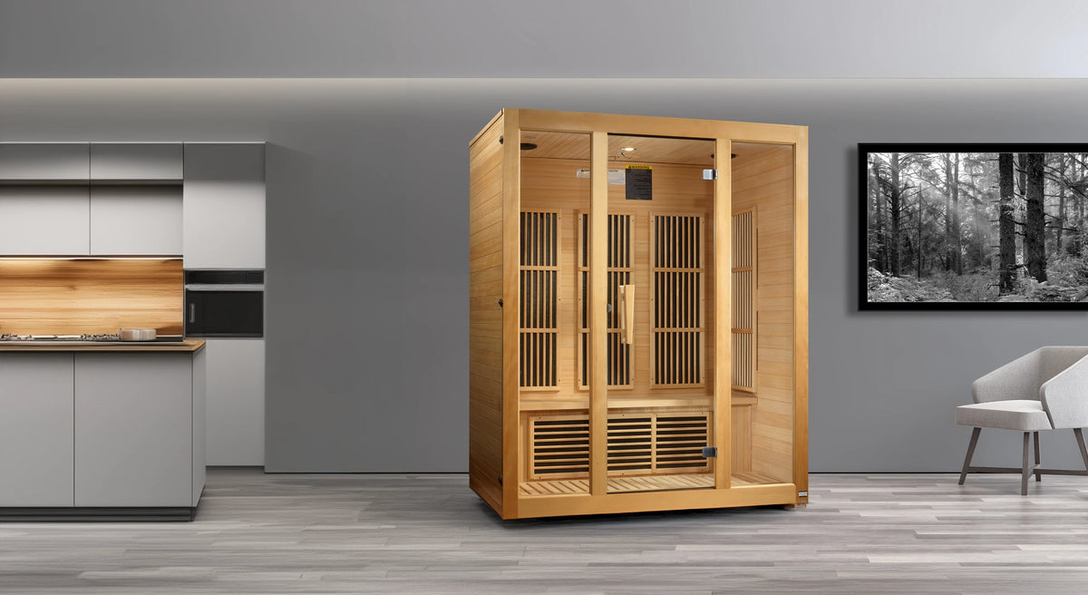 Maxxus Saunas FAR infrared Bellevue model sauna constructed from Canadian hemlock with a three person capacity inside a nice apartment kitchen area