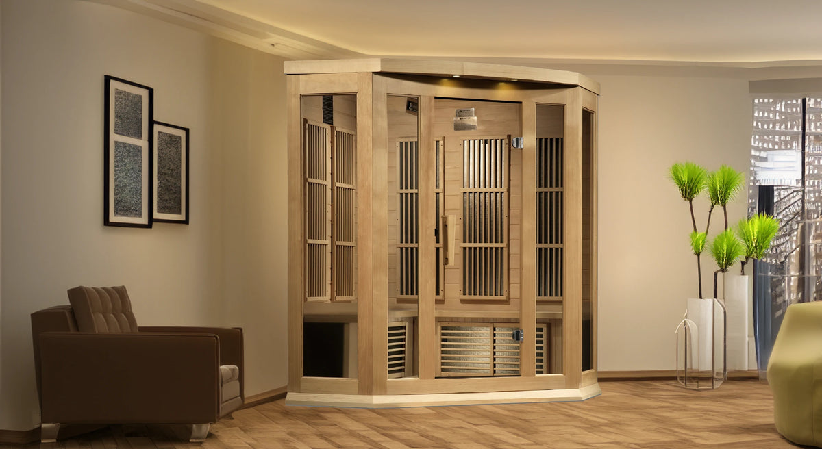 Light brown corner sauna inside a living room