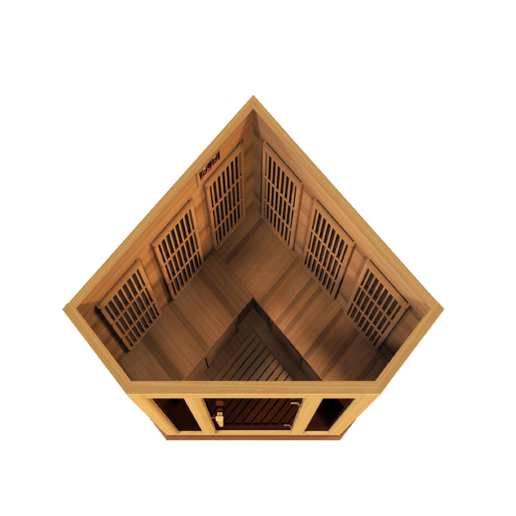 Maxxus Saunas FAR infrared Bondi corner model sauna constructed from Canadian red cedar with a three person capacity