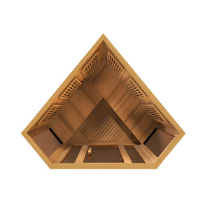 Maxxus Saunas FAR infrared Bondi corner model sauna constructed from Canadian red cedar with a three person capacity