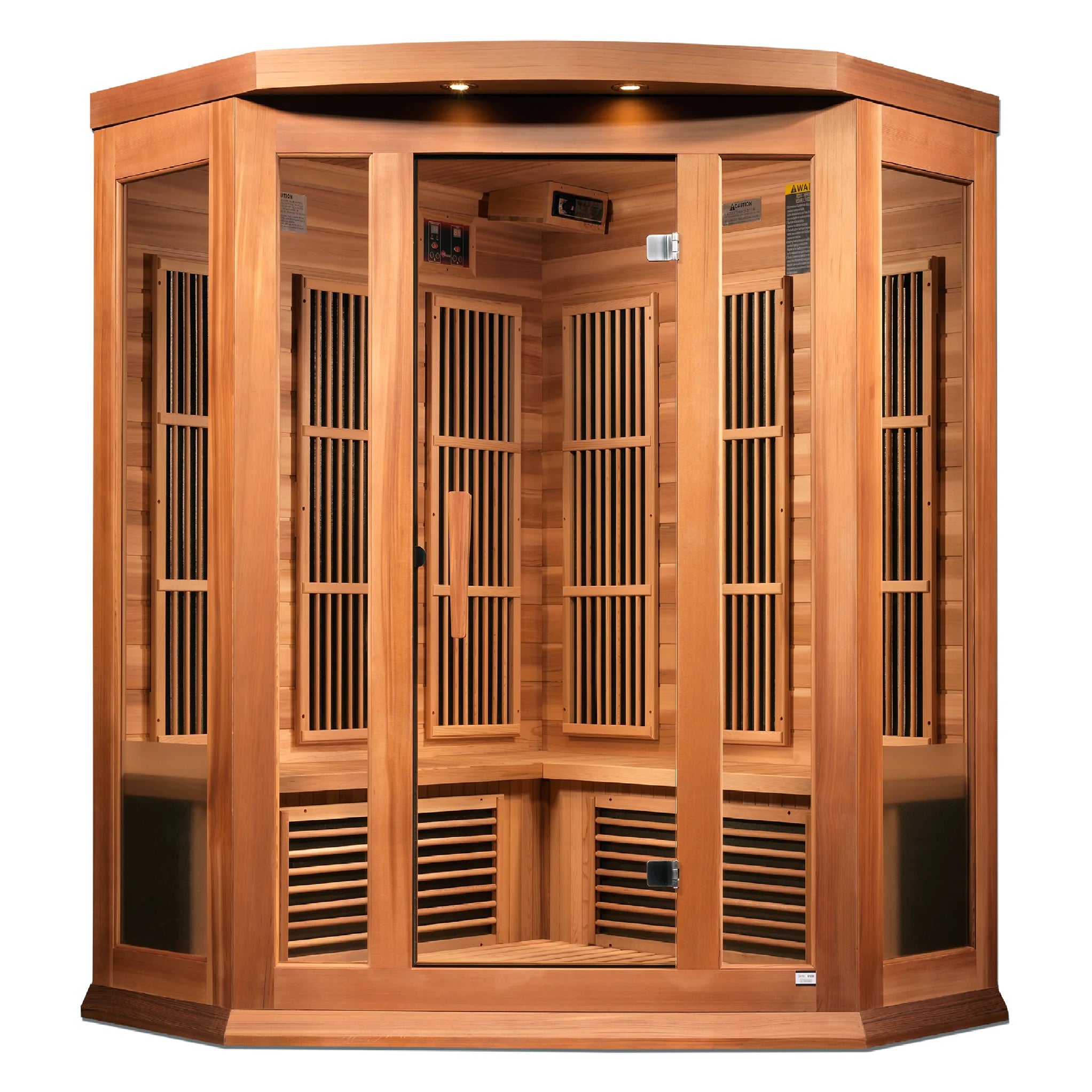 Maxxus Saunas FAR infrared Bondi corner model sauna constructed from Canadian red cedar with a three person capacity