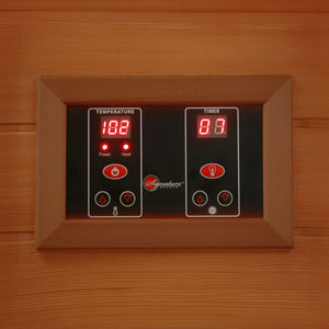 Black and red LED control panel inside a Canadian red cedar sauna