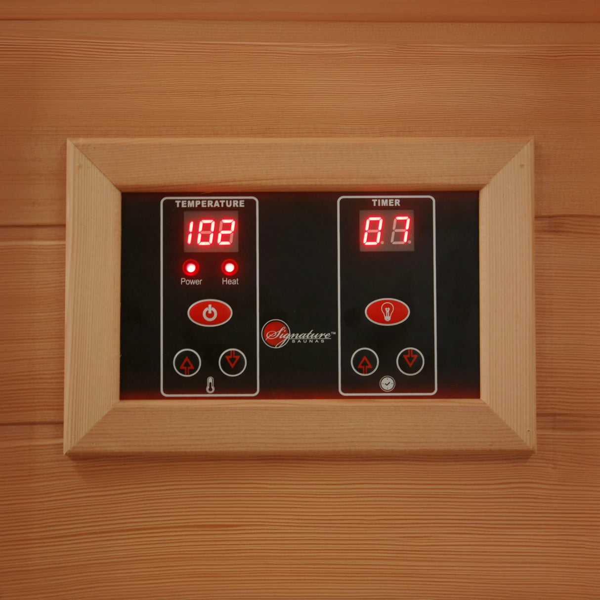 LED control panel inside a Canadian red cedar sauna