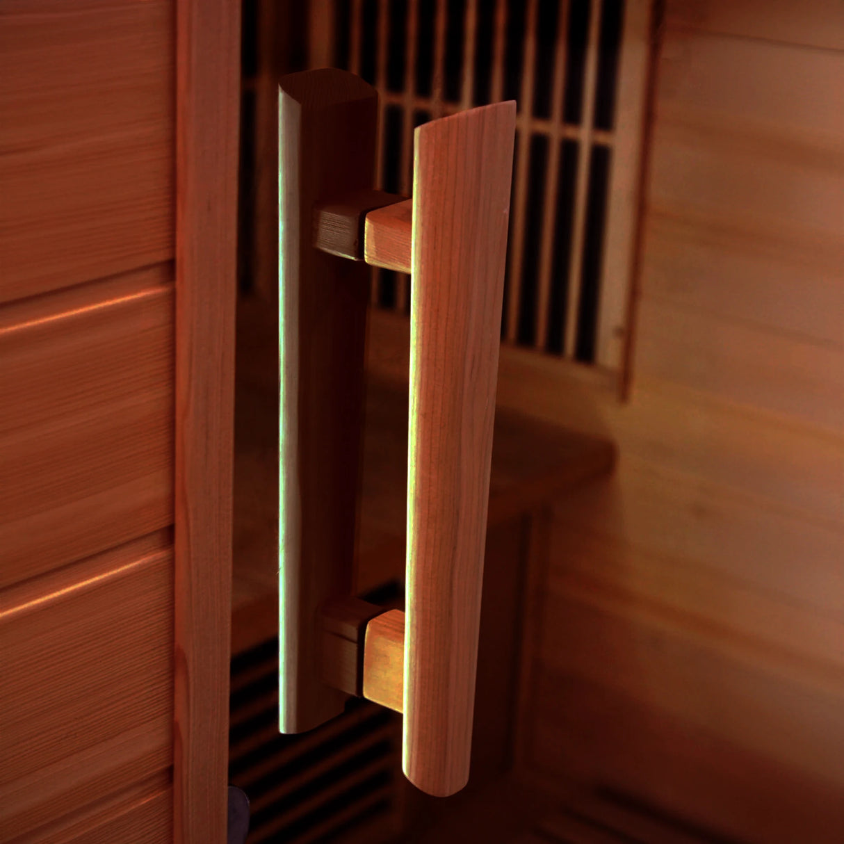 Door leading into a Maxxus Saunas FAR infrared Balmain model sauna constructed from Canadian red cedar with a three person capacity