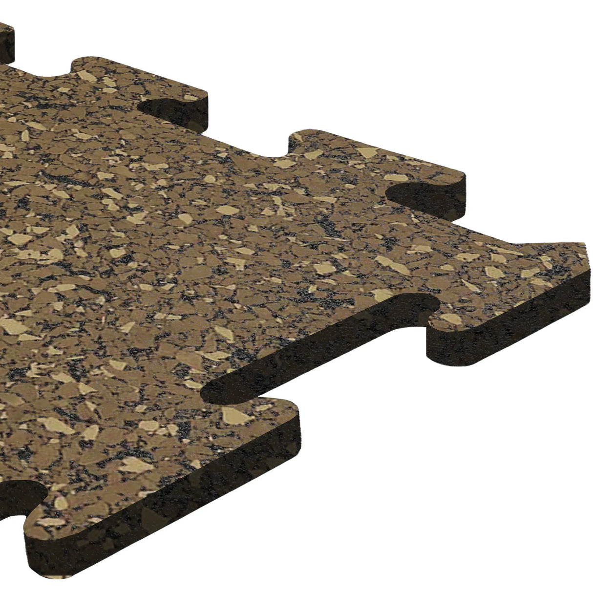 Close-up of an ECORE Athletic Rubber Floor Tile - 8mm Interlocking, showing its brown and black speckled pattern and puzzle-like edges, isolated on a white background.