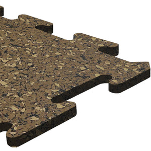 Close-up of an ECORE Athletic Rubber Floor Tile - 8mm Interlocking, showing its brown and black speckled pattern and puzzle-like edges, isolated on a white background.