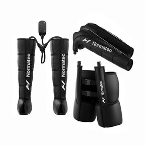 Set of three inflatable compression wearables made by Normatec to provide users with increased circulation and massage